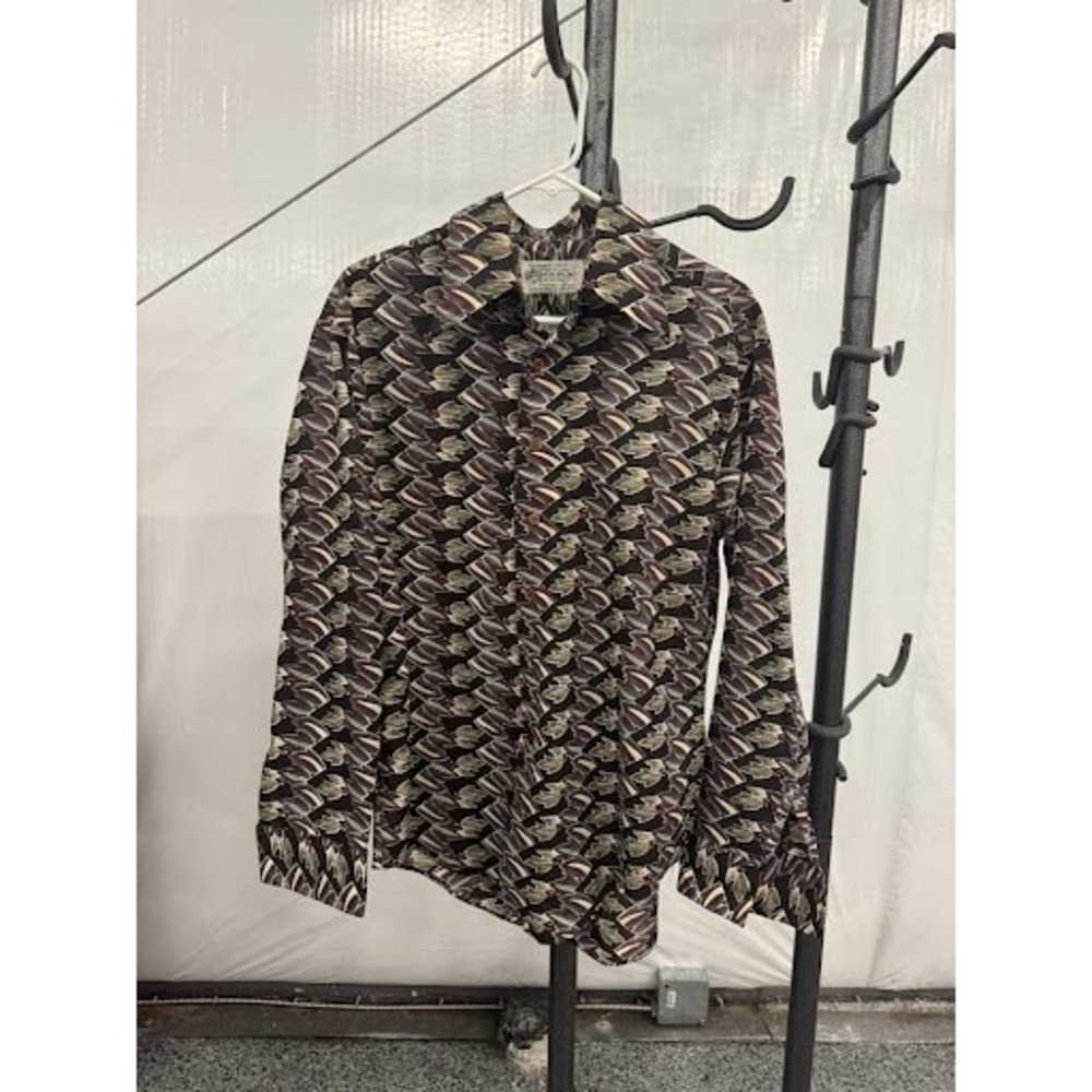 Vintage 70s Kmart Permanent Press Shirt - Abstract Leaf Pattern - Disco Collar -